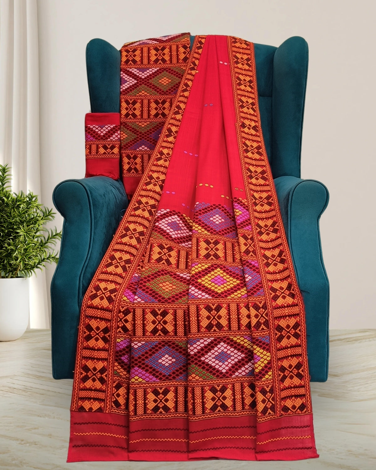 Padmini cotton Mising mekhela sador-Red