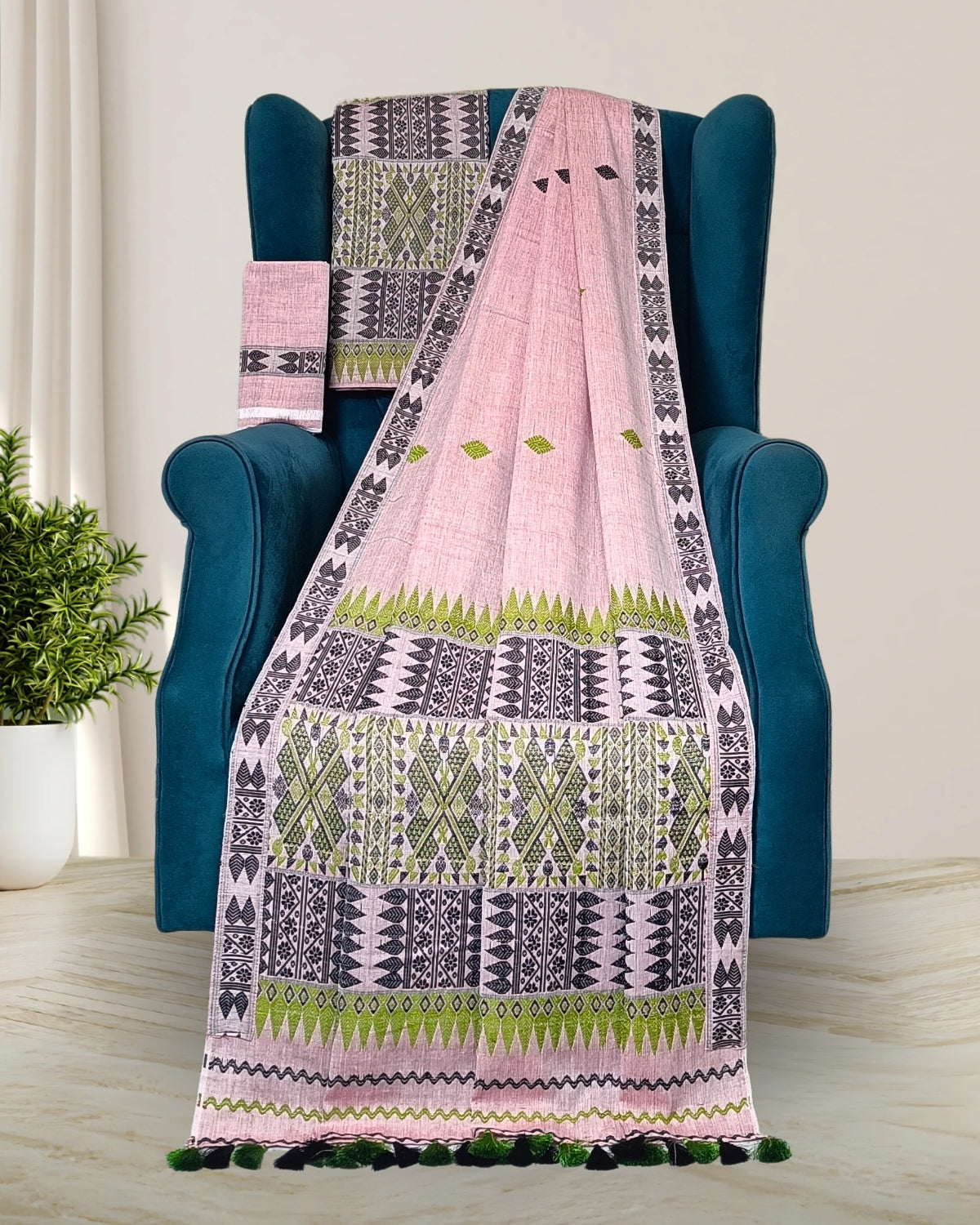 Peach pure cotton mekhela sador with designer motifs