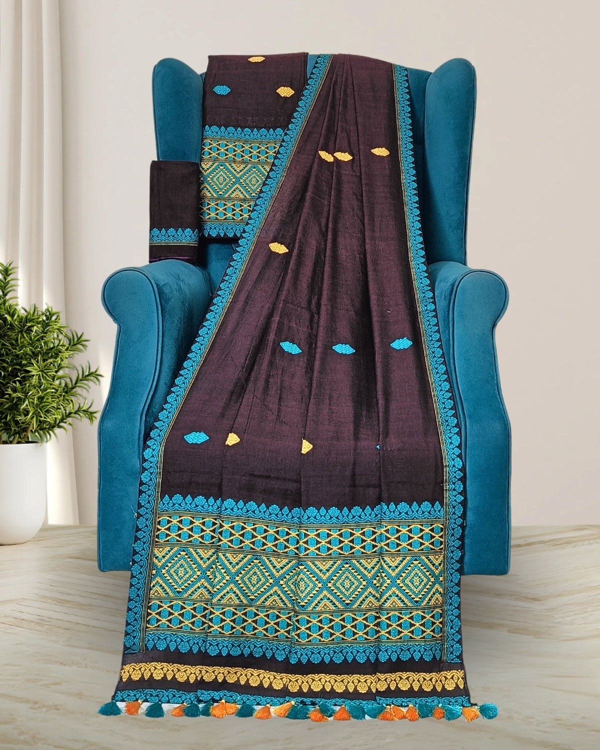 Chocolate pure cotton mekhela sador with designer motifs