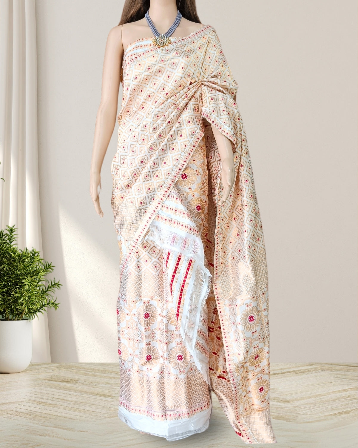 White Pure Mulberry silk mekhela sador