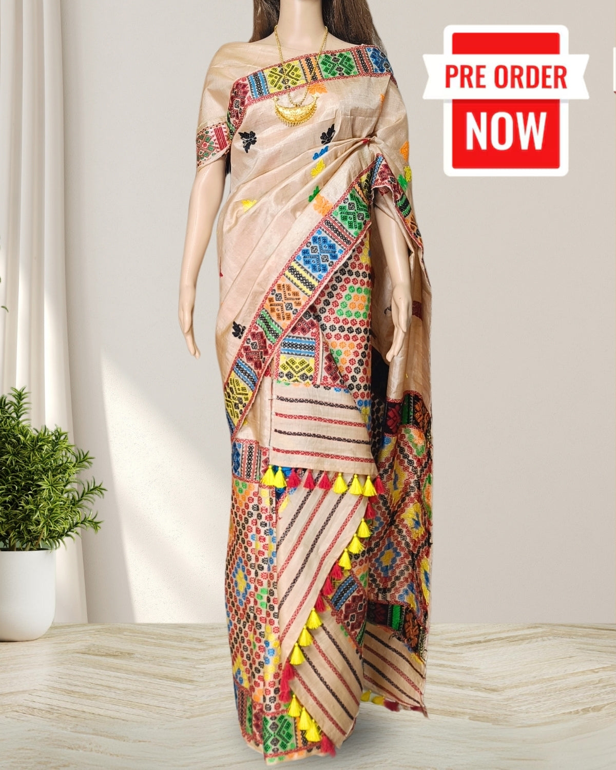 Tussar Silk Mekhela Chadar in Mising tribal design