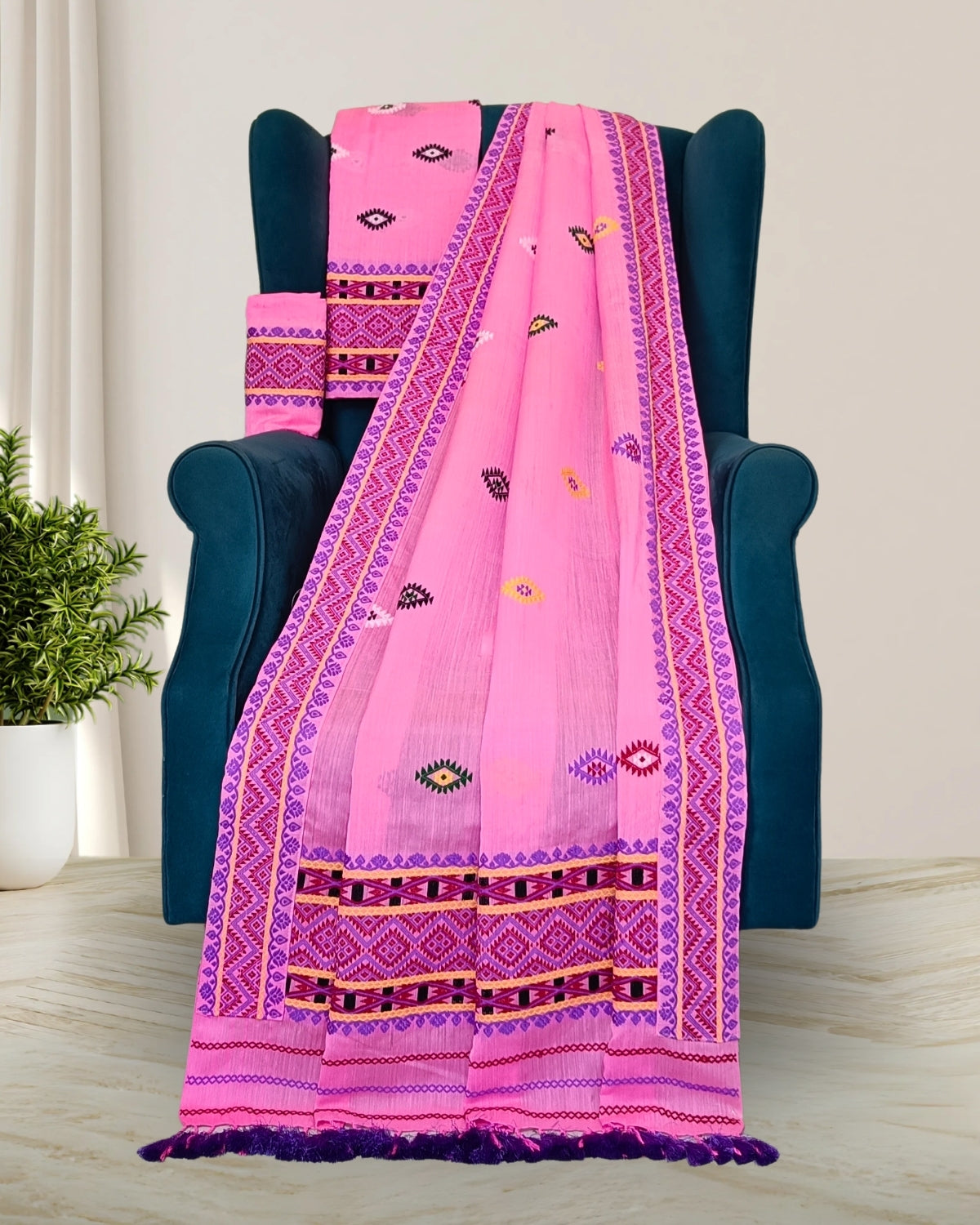 Baby pink semi nuni Mising mekhela sador - DMC motif work
