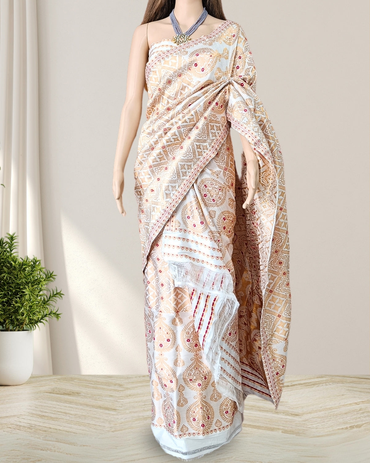 White Pure Mulberry silk mekhela sador