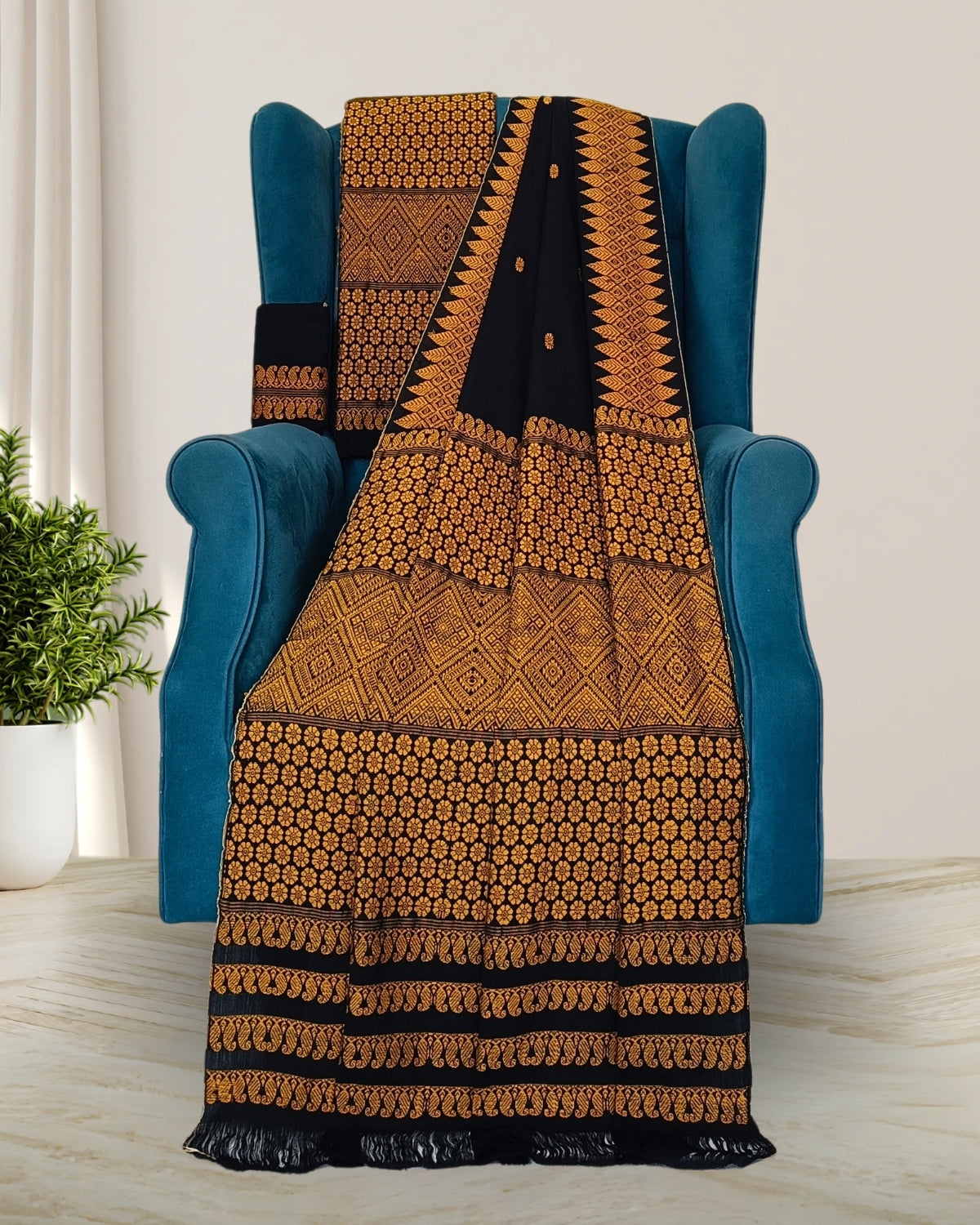 Black padmini cotton mekhela sador with designer motifs