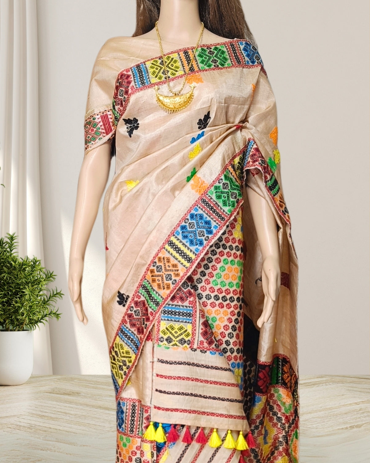 Tussar silk mekhela sador in Mising tribal design (Pre-order available)