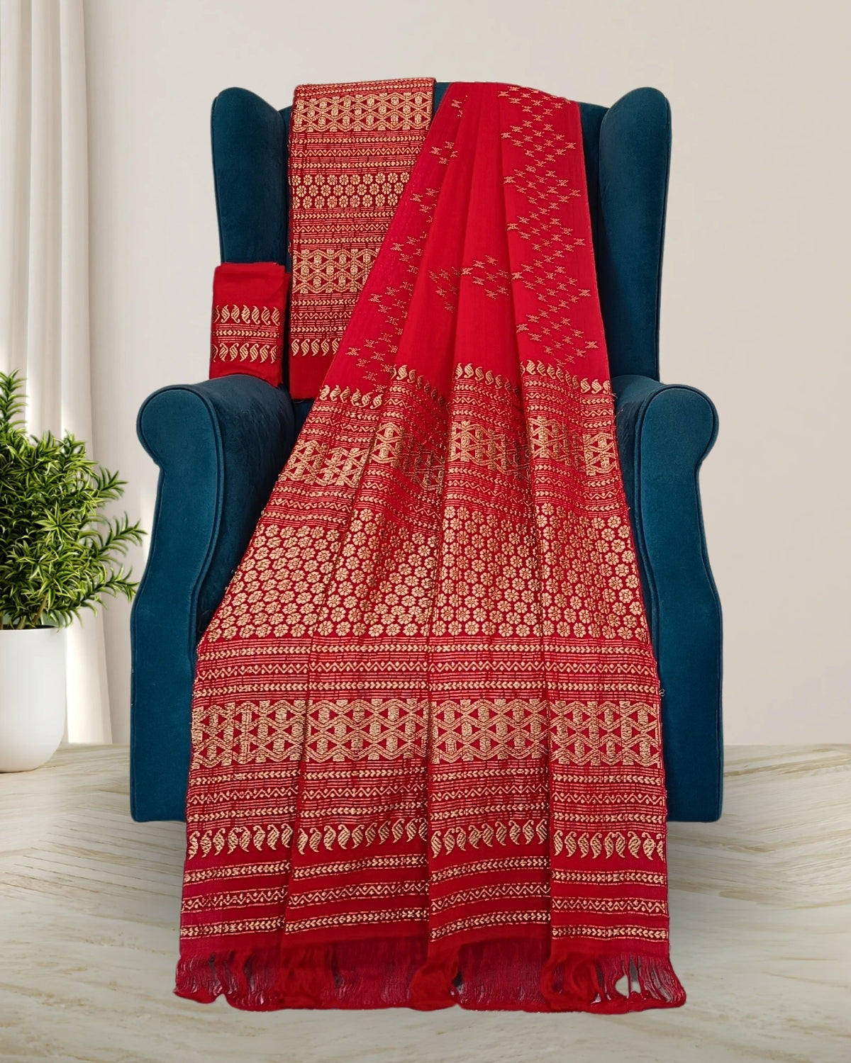 Red padmini cotton mekhela sador with designer motifs