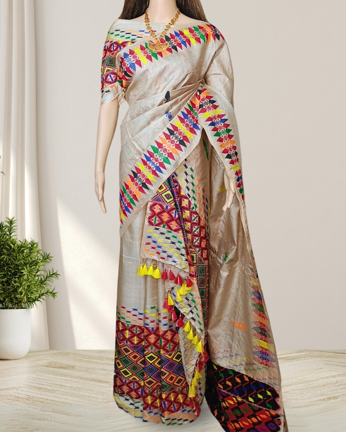 Tussar Silk Mekhela Chadar in Mising tribal design