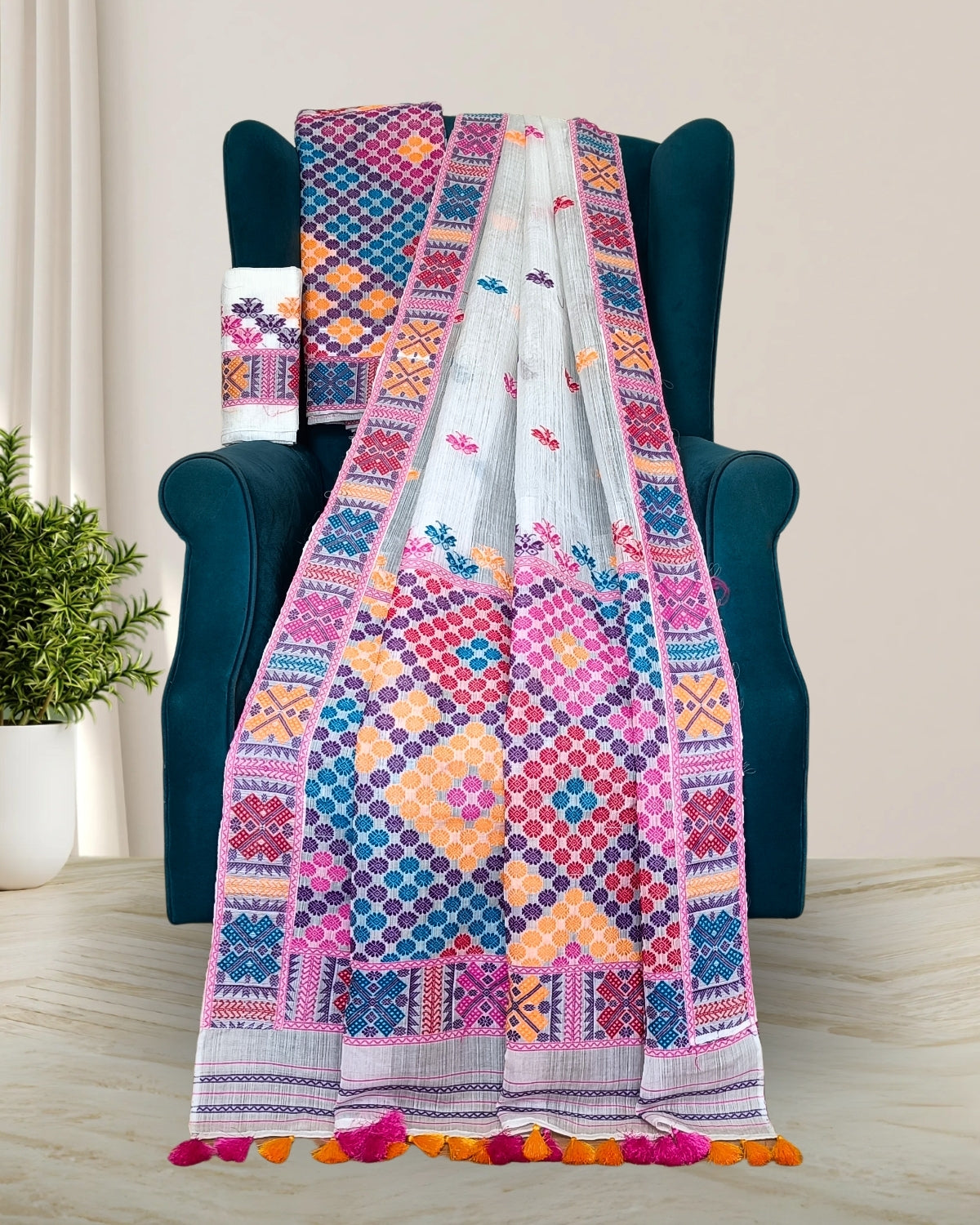 Semi nuni Mising mekhela sador-White