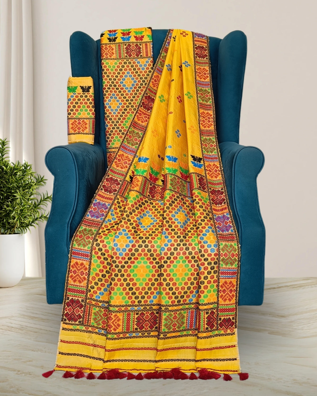 Yellow tussar silk x mulberry silk mekhela chadar