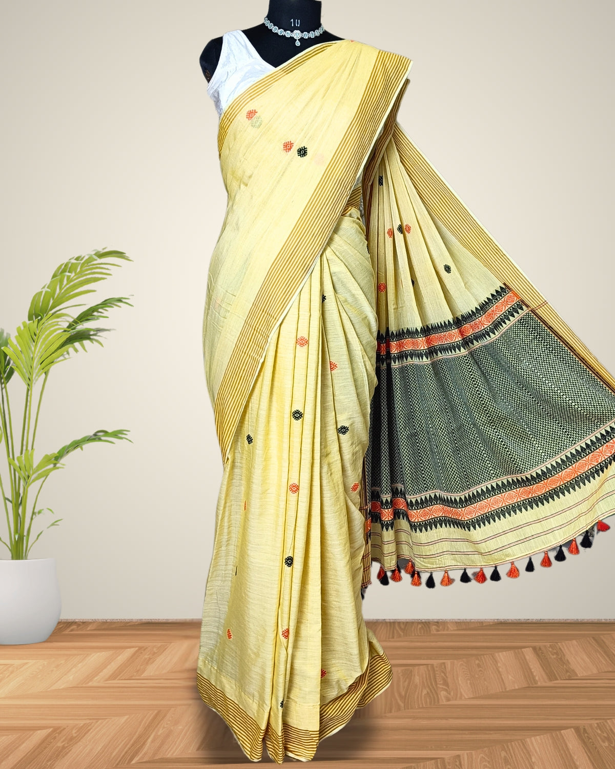 Yellow pure cotton saree with designer motifs