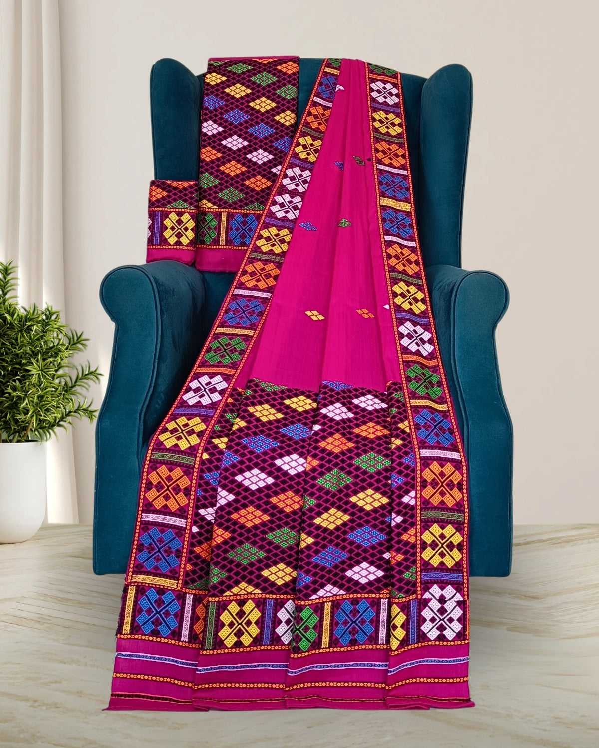 Rani pink Assam paat Mising mekhela sador - DMC motif work