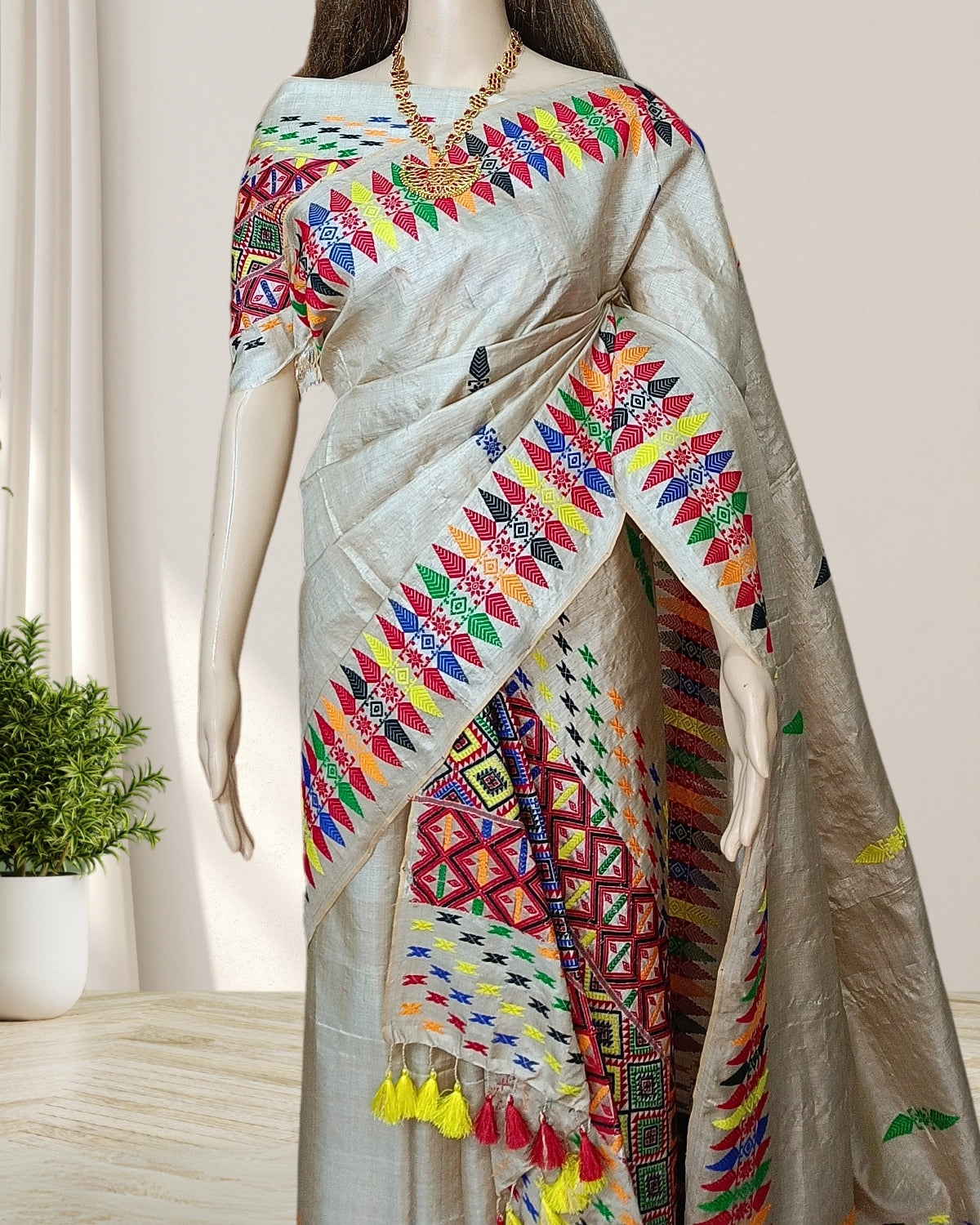 Tussar Silk Mekhela Chadar in Mising tribal design