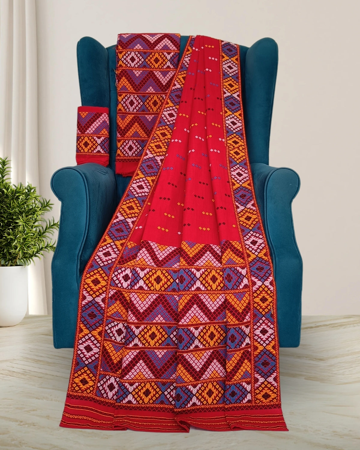 Red padmini cotton Mising mekhela chadar