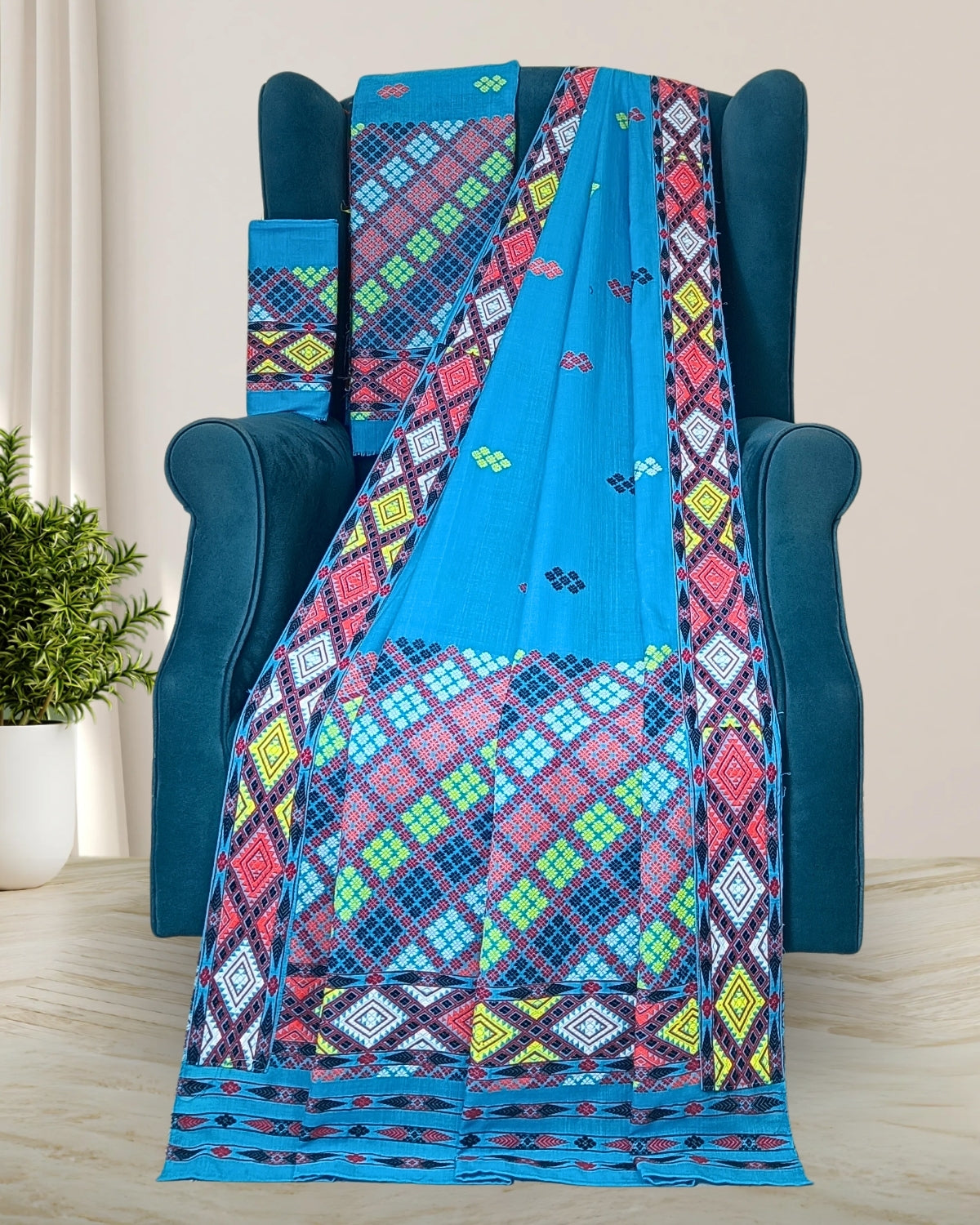 Sky blue padmini cotton Mising mekhela sador