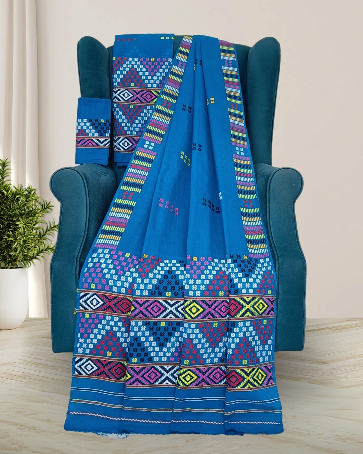 Sky blue padmini cotton Mising mekhela sador - DMC motif work