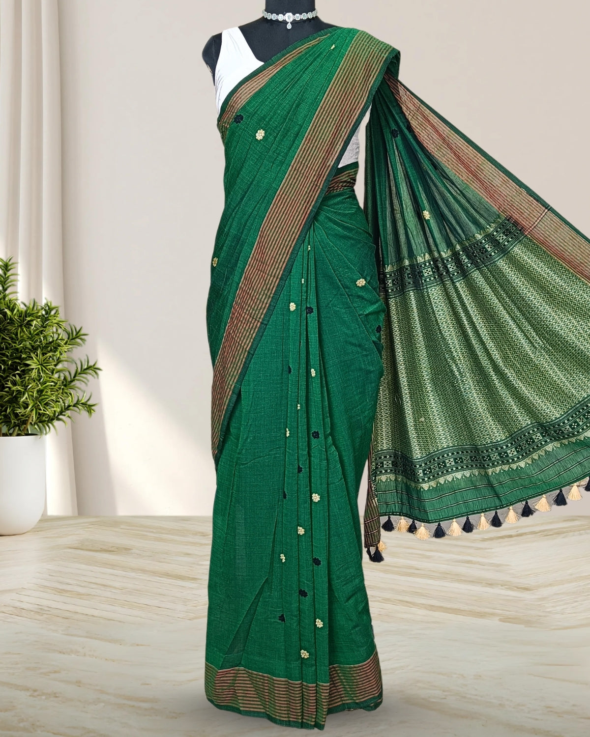 Green pure cotton saree with designer motifs