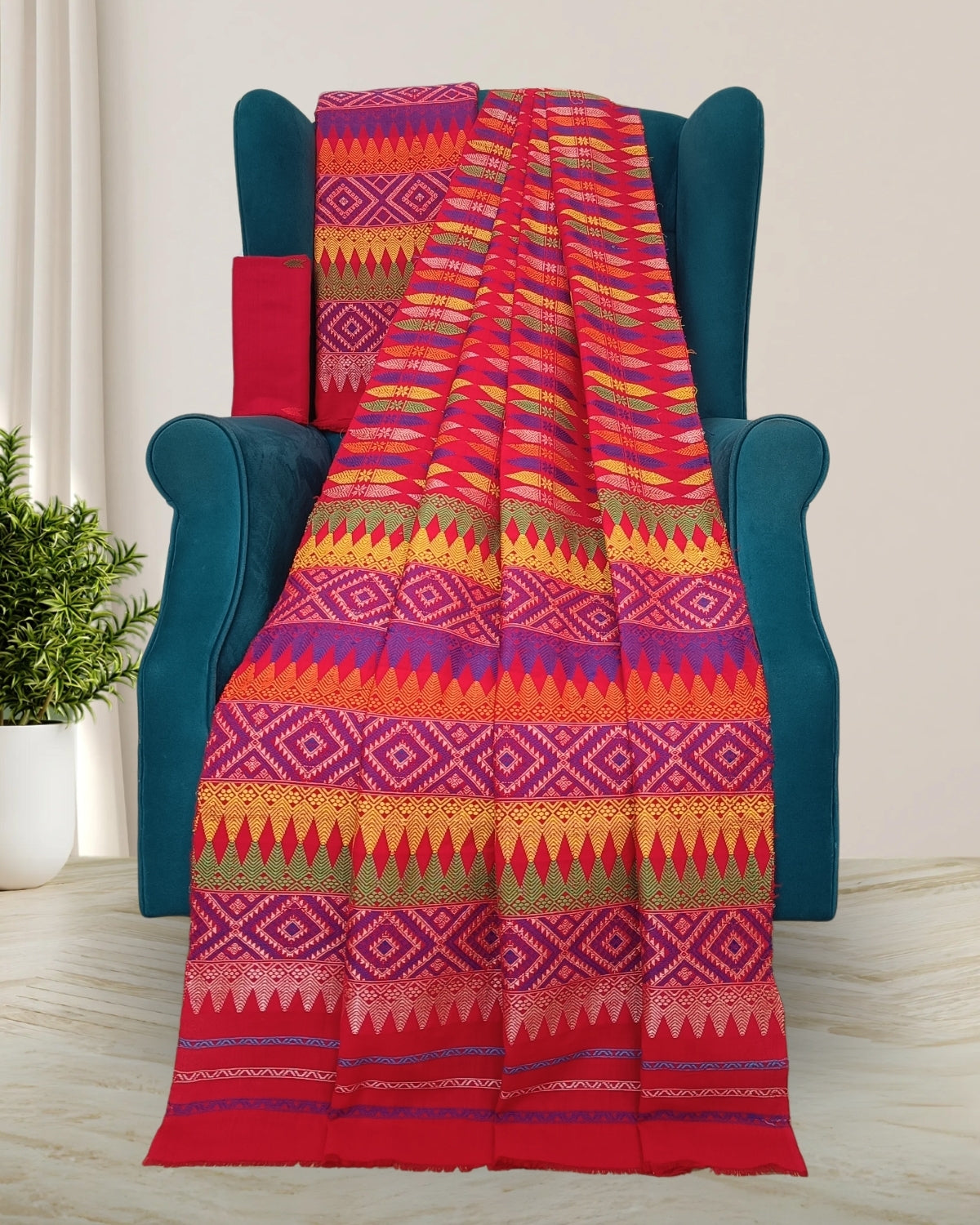 Red padmini cotton mekhela sador with Bodo & Mising fusion motifs - DMC work