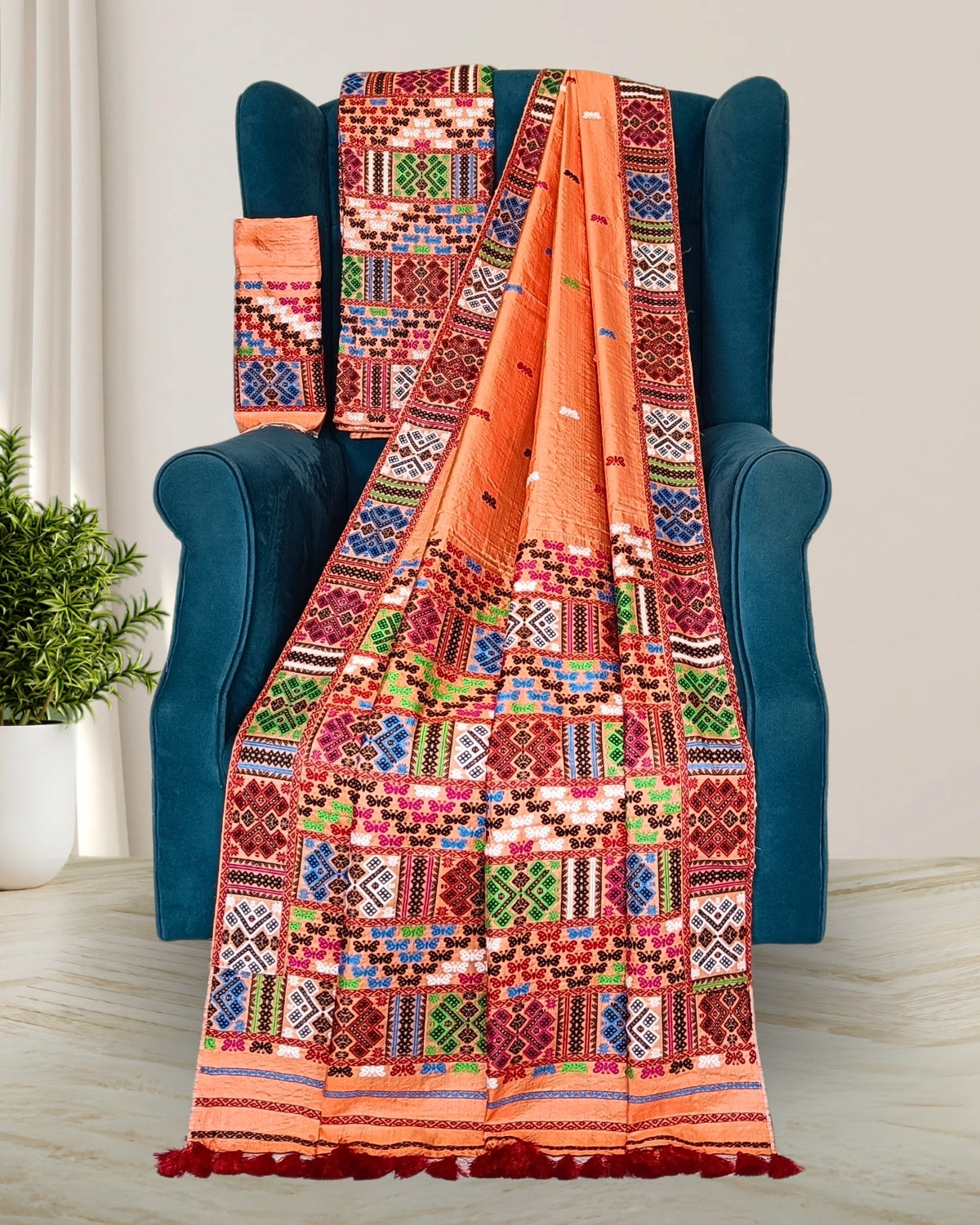 Orange tussar silk x mulberry silk mekhela sador