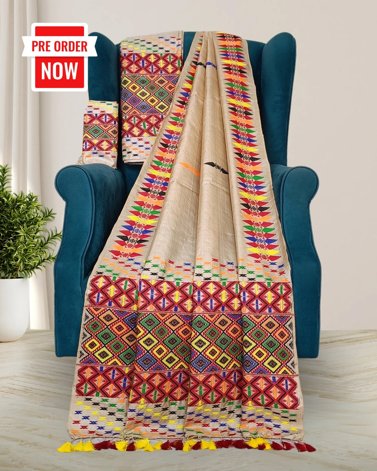 Tussar Silk mekhela chadar in Mising tribal design (Pre-order available)