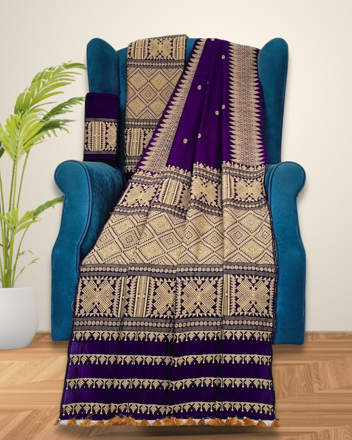Royal purple padmini cotton mekhela chadar with designer motifs