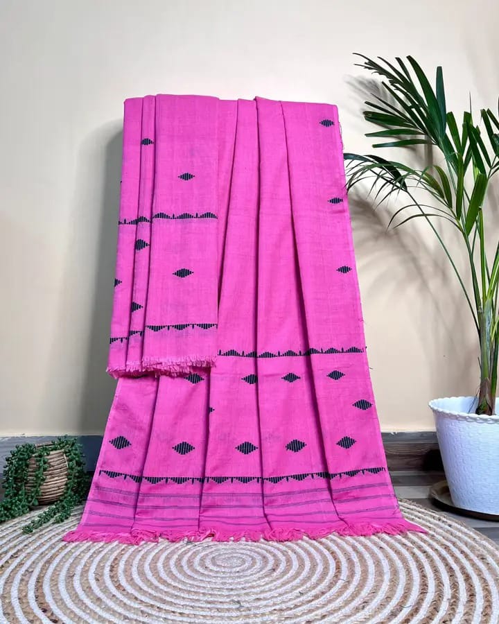 Mercerised cotton mekhela sador - Pink