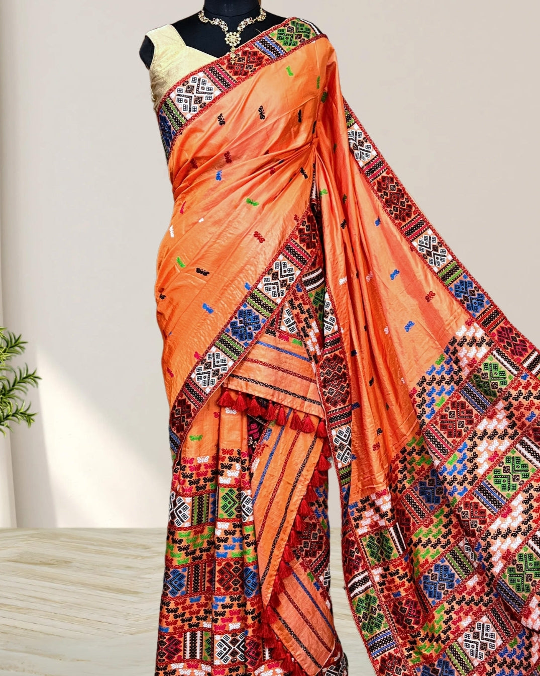 Orange tussar silk x mulberry silk mekhela sador