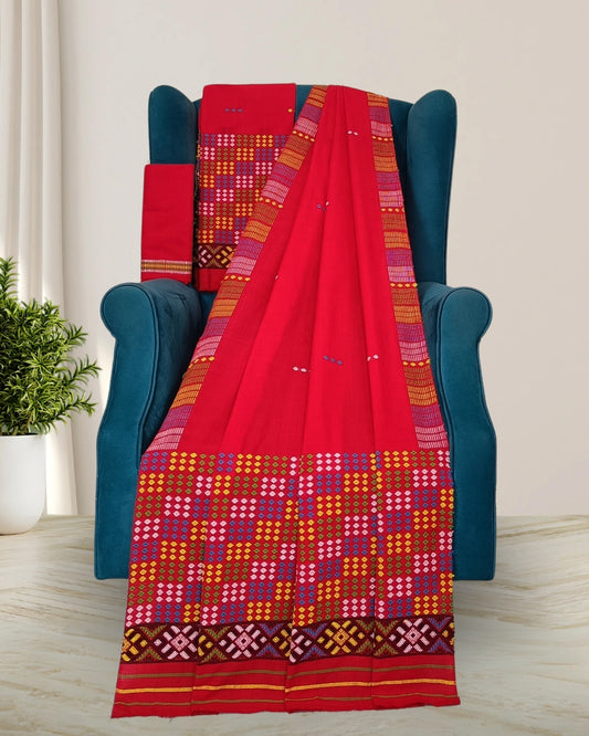 Padmini cotton Mising mekhela sador -Red