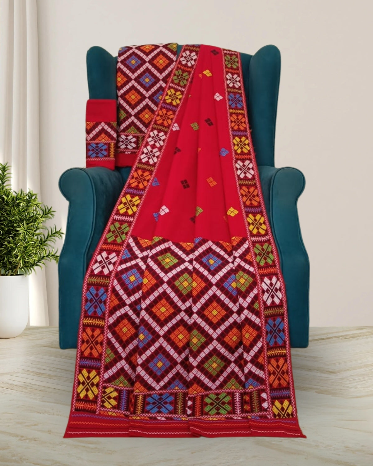 Red padmini cotton Mising mekhela sador- DMC motifs