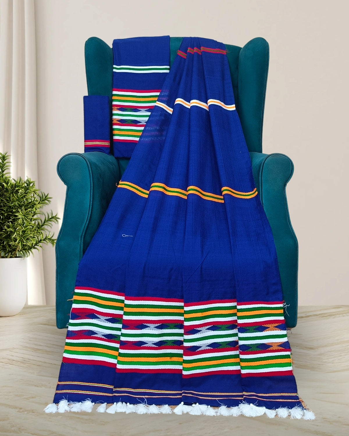 Ribi design Mising mekhela sador - Royal blue