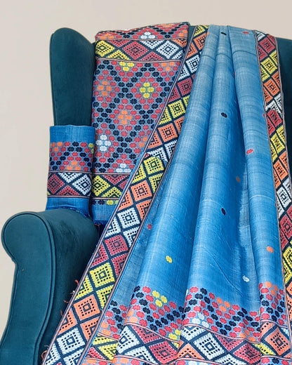 Blue semi nuni Mising mekhela sador - DMC motifs