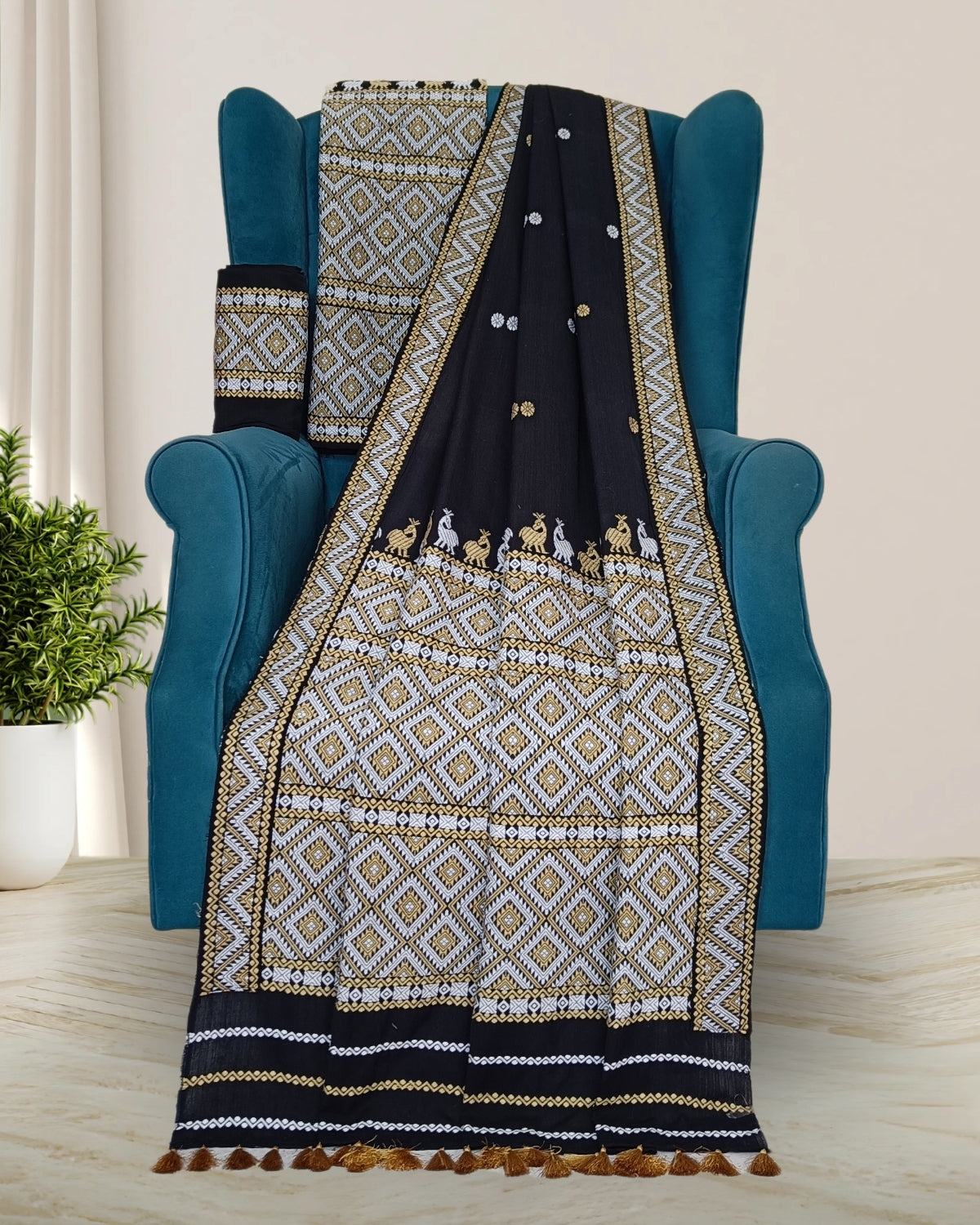 Black padmini cotton mekhela chadar with designer motifs