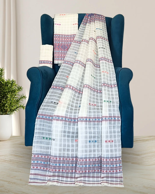 Gero design white semi nuni Mising mekhela sador