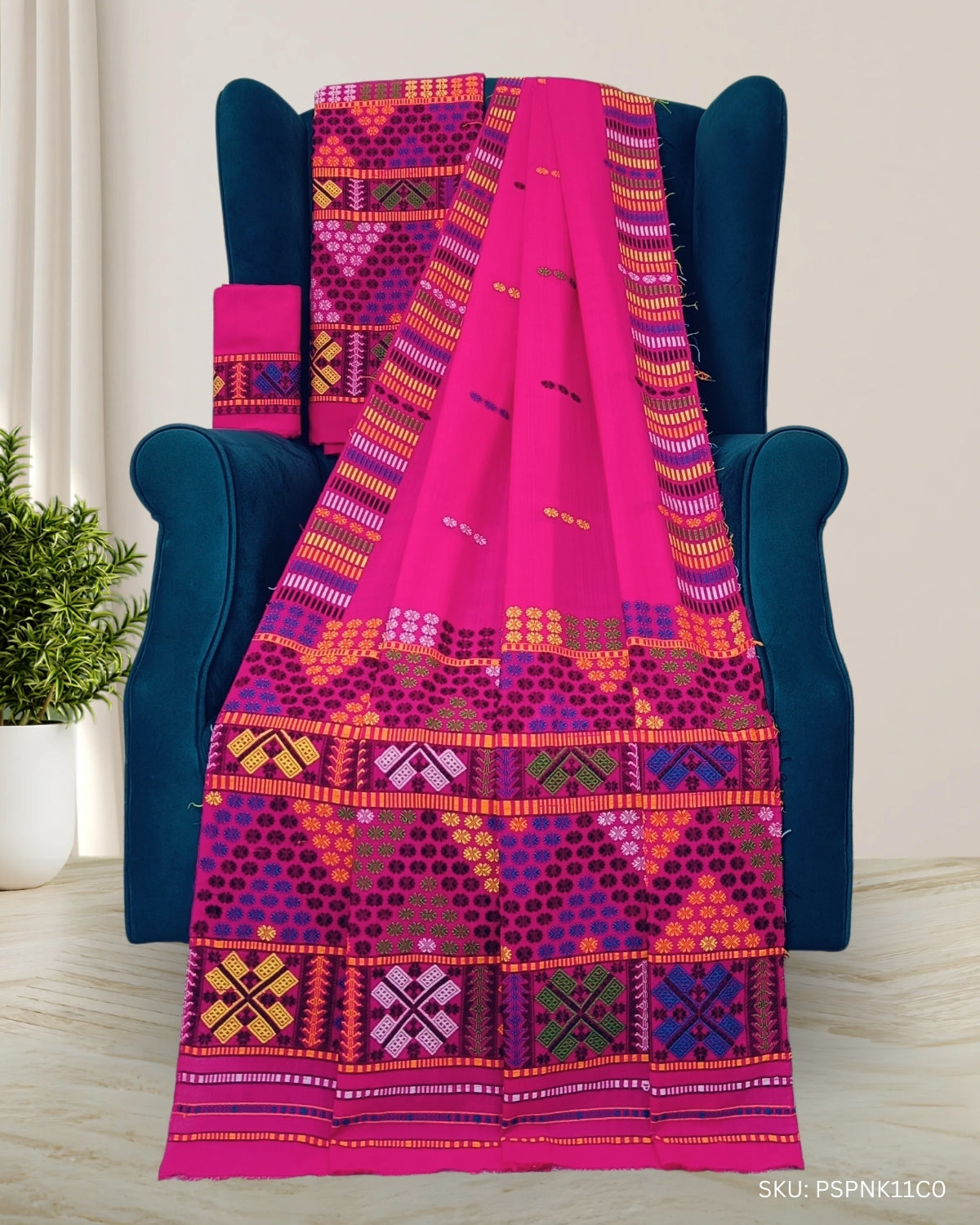 Fix pari design padmini cotton Mising mekhela sador - Pink