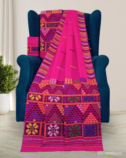 Fix pari design padmini cotton Mising mekhela sador - Pink