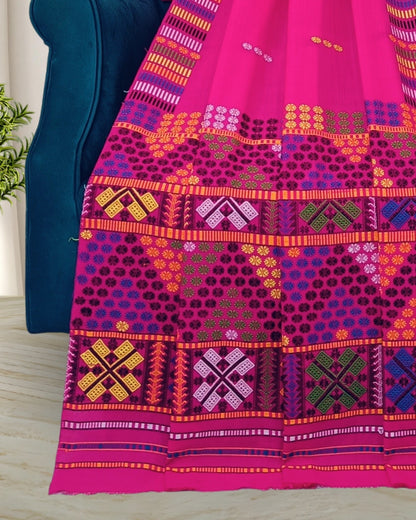 Fix pari design padmini cotton Mising mekhela sador - Pink