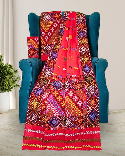Red padmini coton Mising mekhela sador- DMC motif work