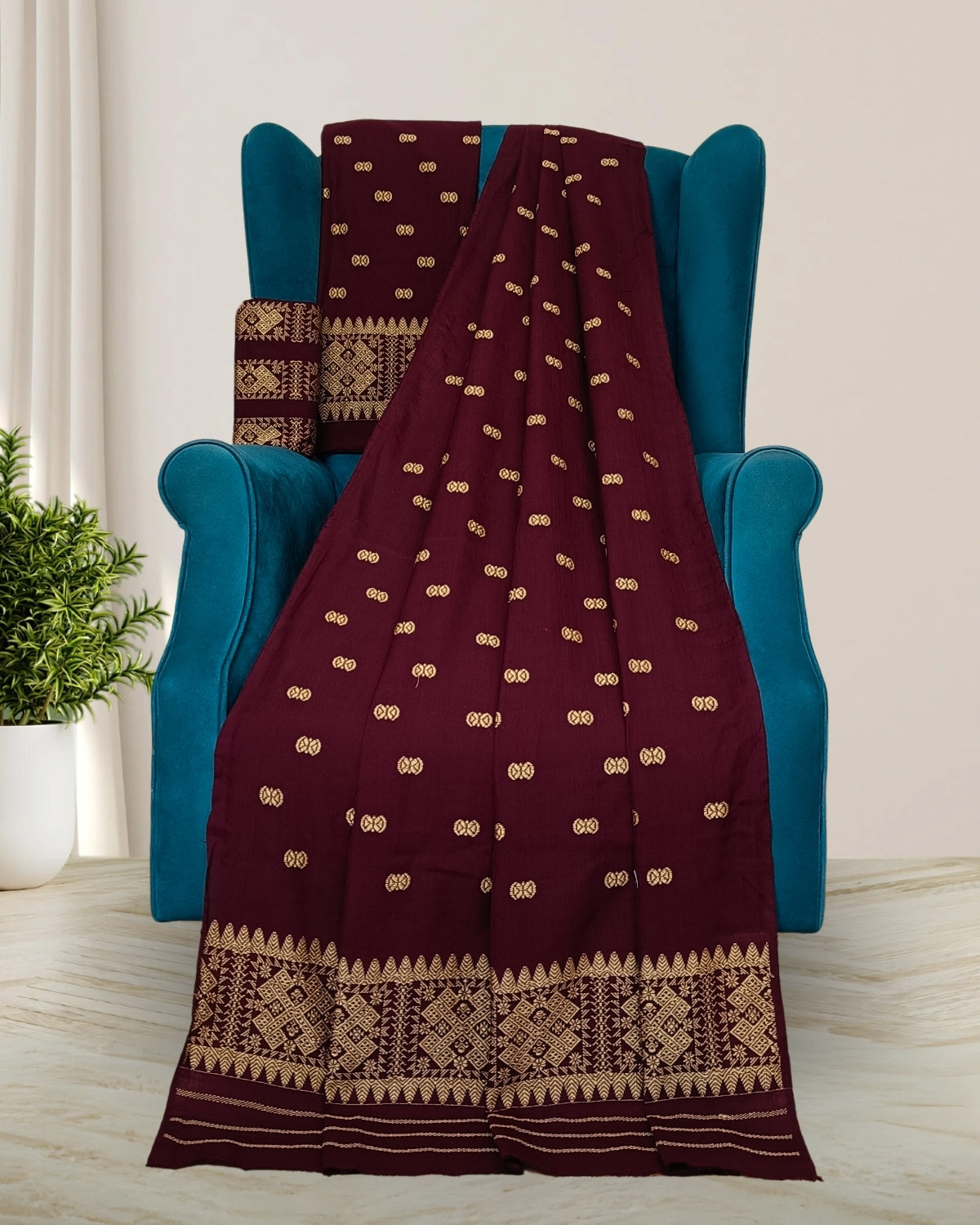 Maroon padmini cotton mekhela sador with designer motif