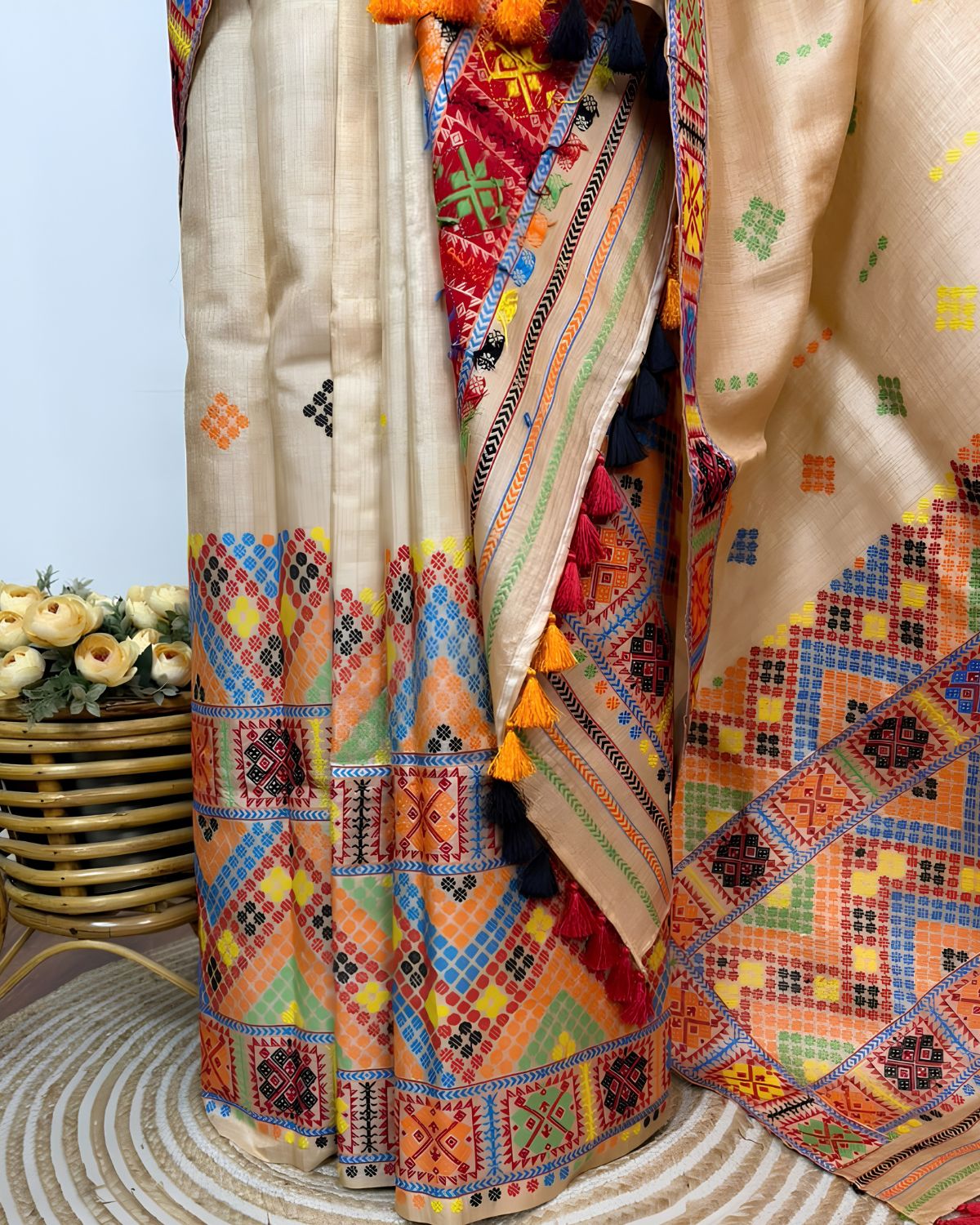 Pure Mising Tussar silk mekhela sador- DMC motifs