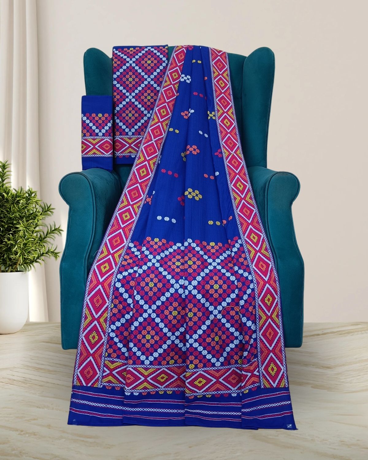 Royal blue padmini cotton Mising mekhela sador - DMC motifs
