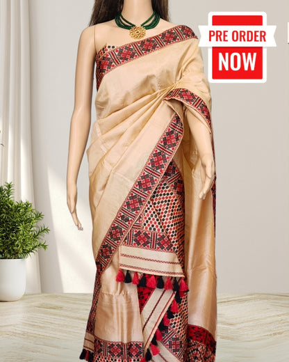 Tussar silk mekhela chadar in Mising tribal design