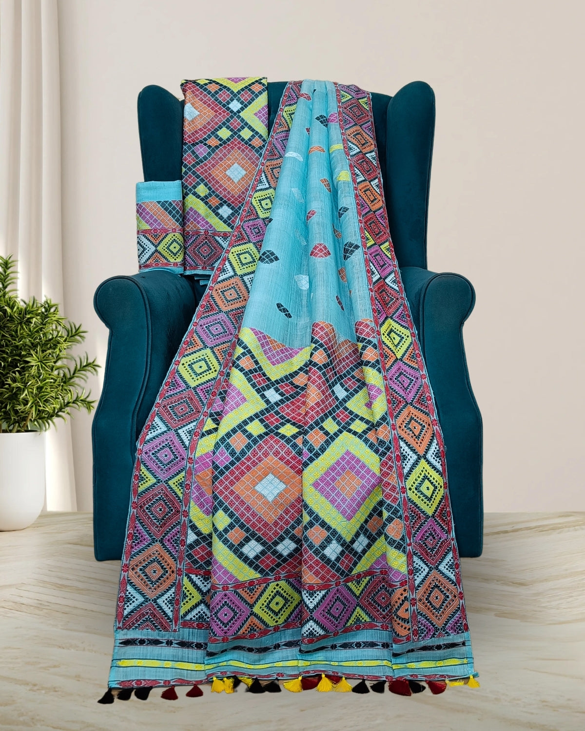 Sky blue semi nuni Mising mekhela sador - DMC motifs