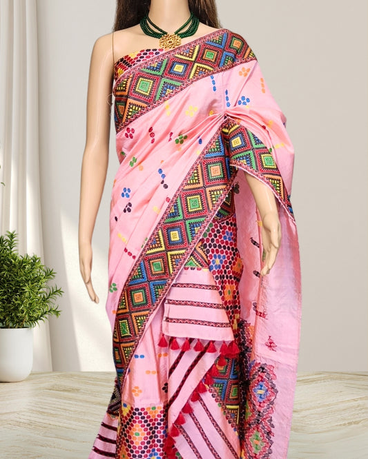 Baby pink Tussar silk by Mulberry silk mekhela chadar (Pre-booking available)