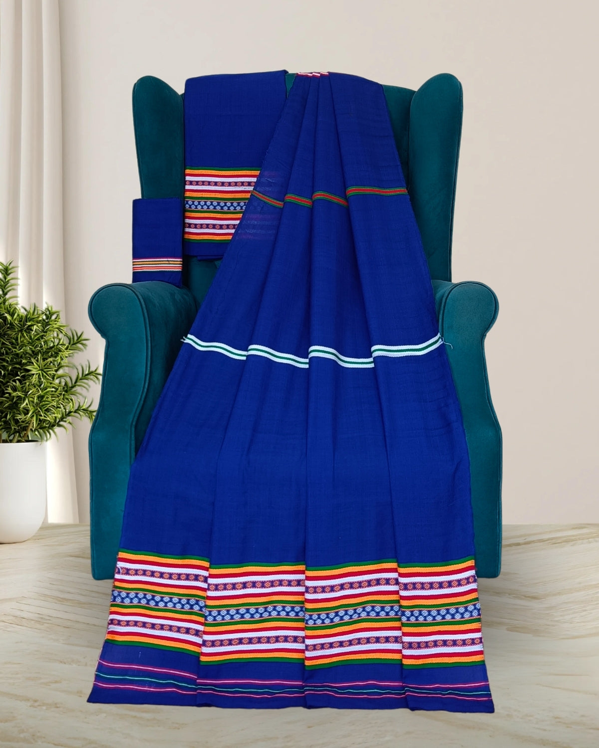 Ribi design Mising mekhela sador - Royal blue
