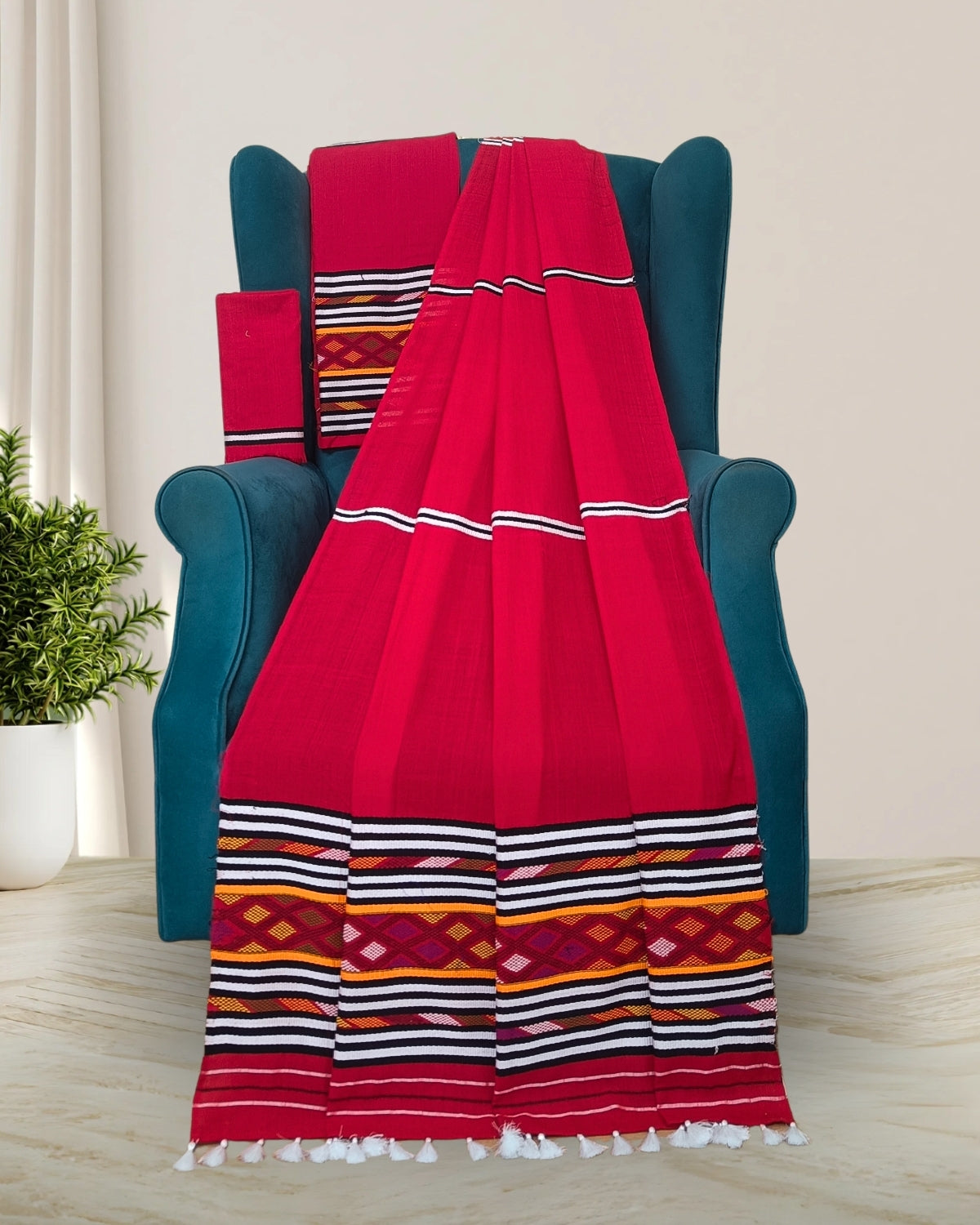 Ribi design Mising mekhela sador - Red