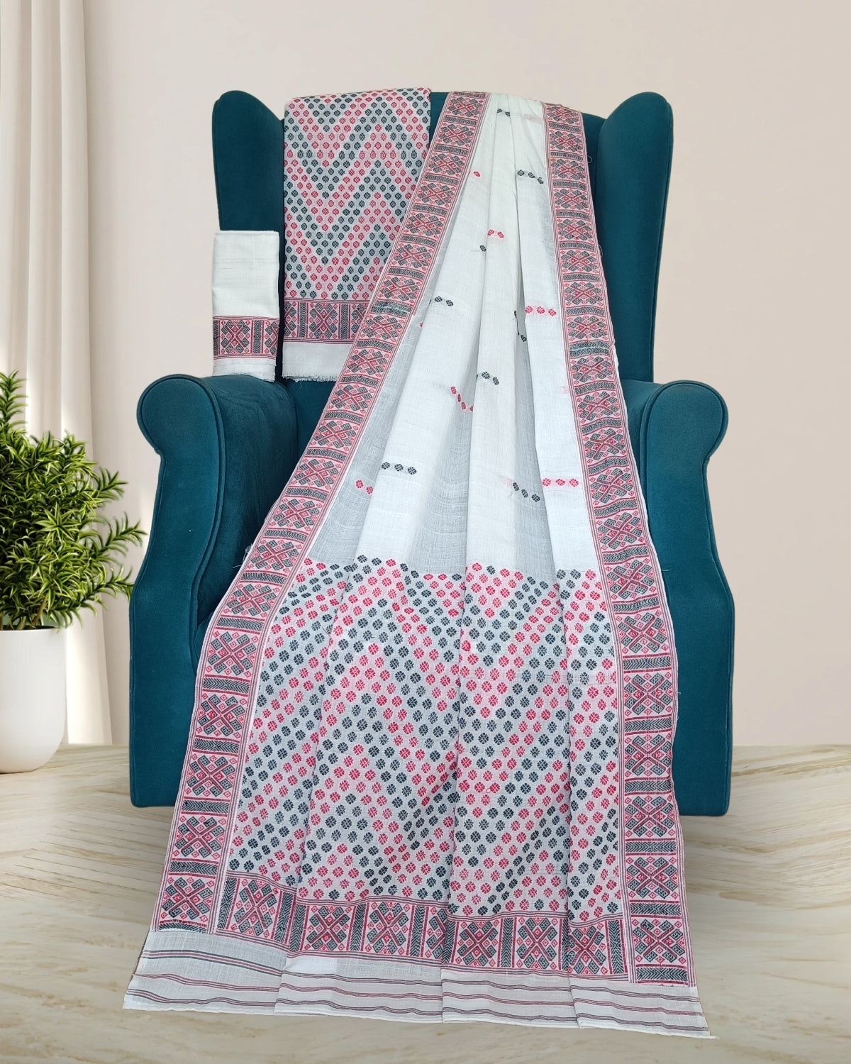 Padmini cotton Mising design mekhela sador - white