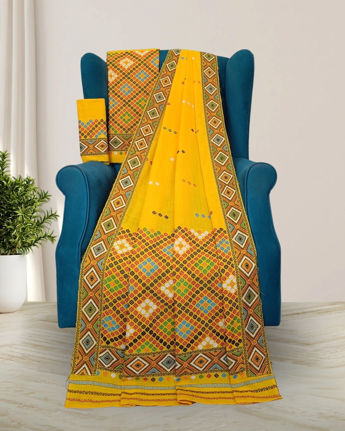 Yellow padmini cotton Mising mekhela sador - DMC motifs