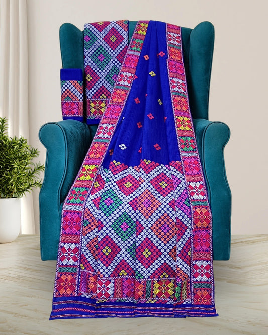 Royal blue padmini cotton Mising mekhela sador - DMC motifs