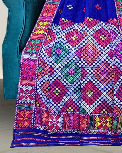 Royal blue padmini cotton Mising mekhela sador - DMC motifs