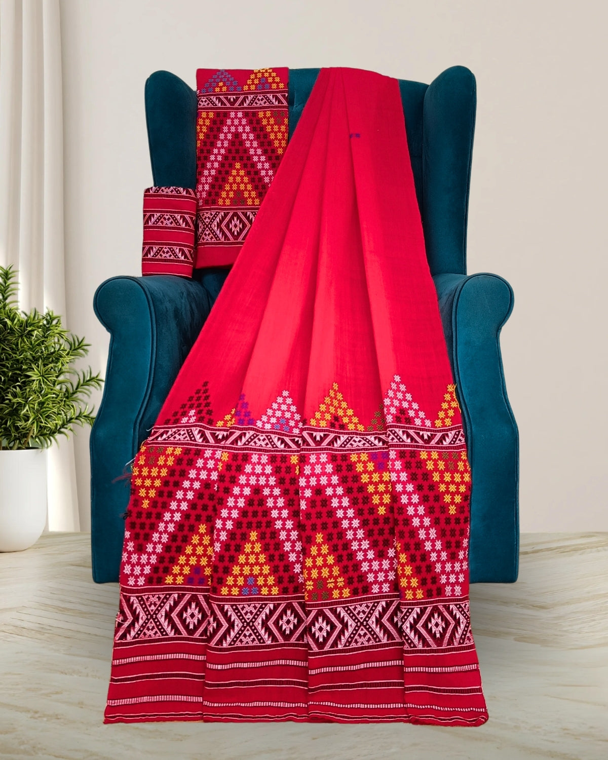 Padmini cotton Mising mekhela sador -Red