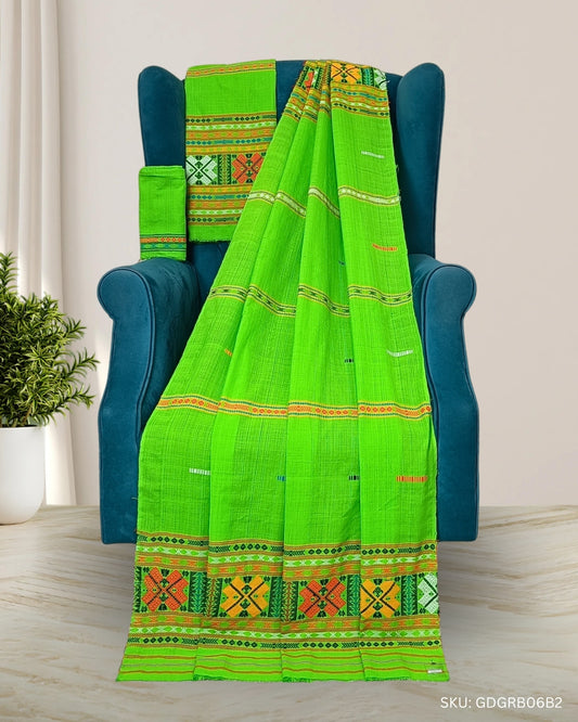 Gero design Mising mekhela sador- Parrot green